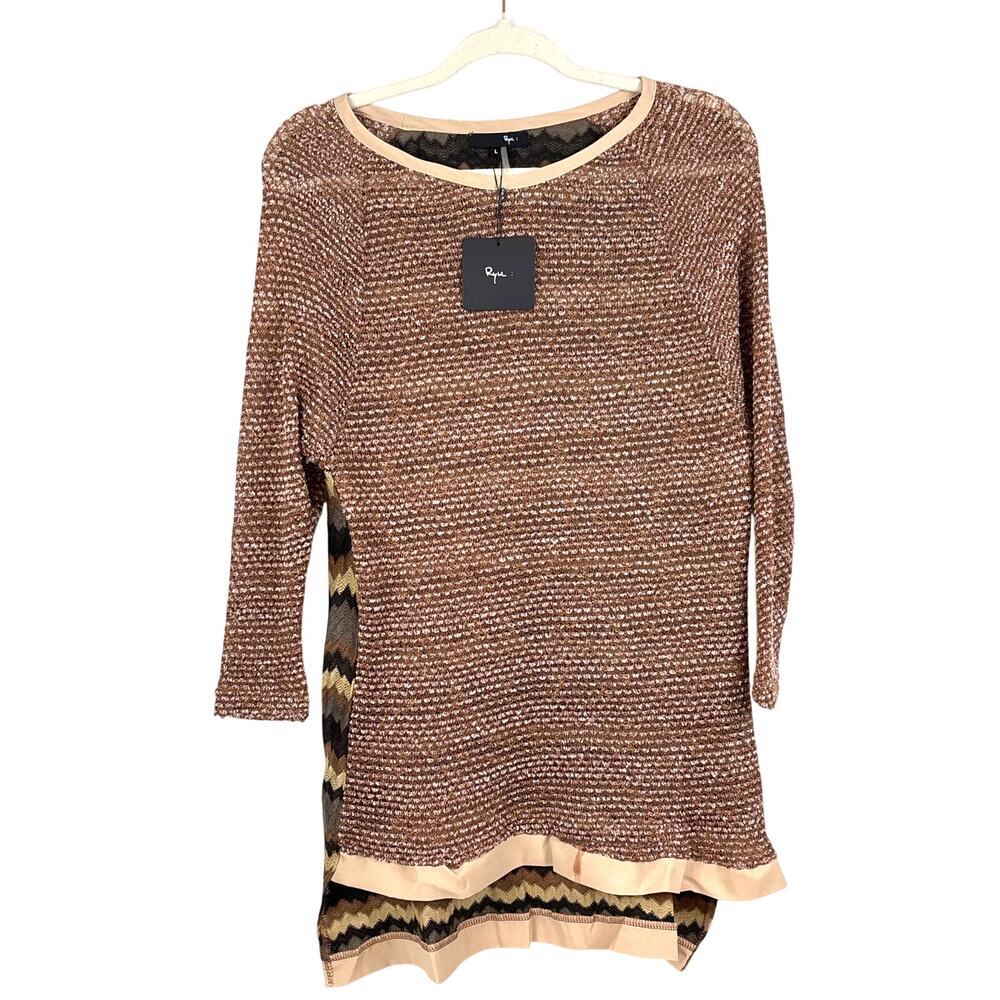 Ryu Womens L Brown Black Lightweight Sheer Knit 3/4 Sleeve Boho Sweater Top NWT